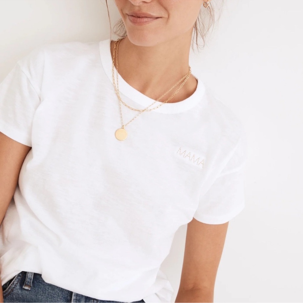 Madewell Mama Stitched Enbroidered Whisper Vintage White Crew Neck Tee Shirt L
